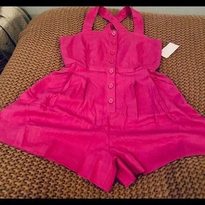A new day pink sleeveless cross back linen romper dress with pockets